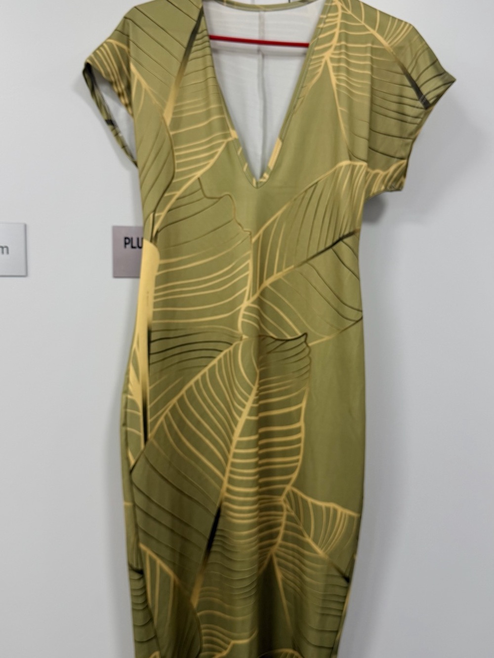 Olive Green Leaf-Print V-Neck Dress